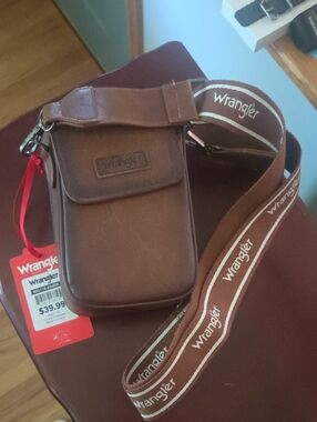 Wrangler Brown Leather Messenger Phone Pouch with Branded Strap